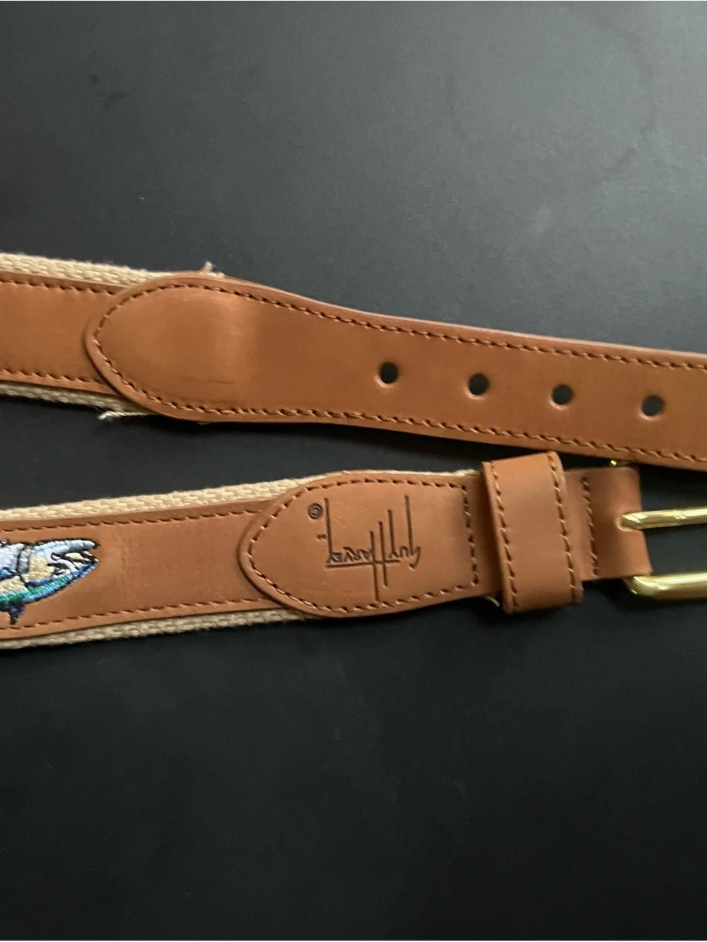 NWOT Guy Harvey Tan Leather Belt with Multicolor Tuna Embroidery